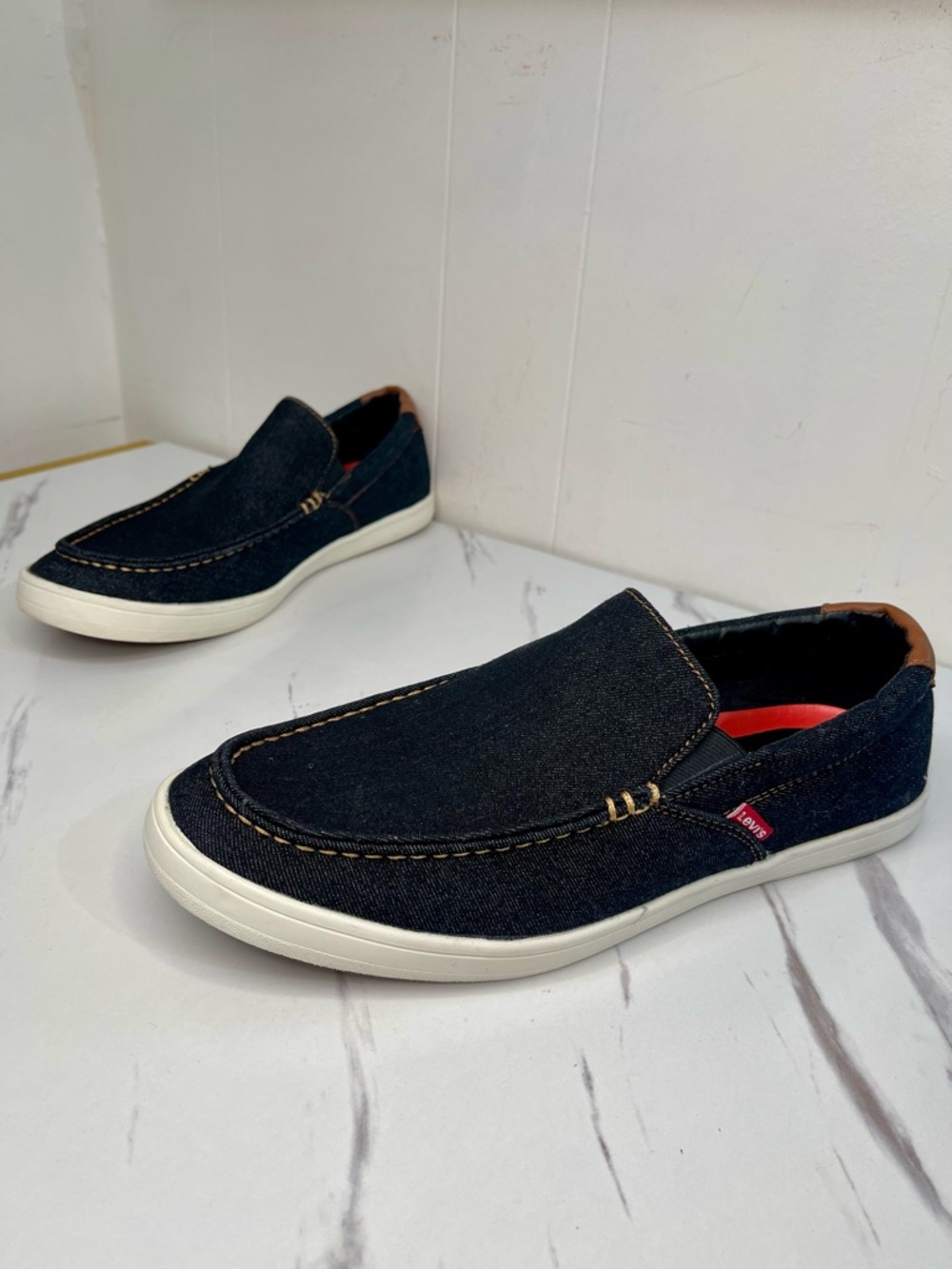 Levi's Men's Slip-On Denim Loafers in Dark Blue with White Sole Size 12